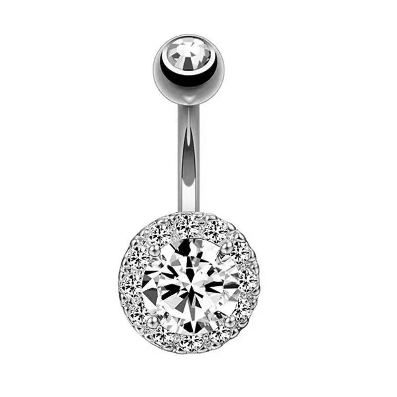 European and American fashion 1.6mm thick stainless steel rod double diamond heart - shaped head inlaid with zircon navel piercing jewelry - QIAO CrystalQIAO CrystalQIAO Crystal