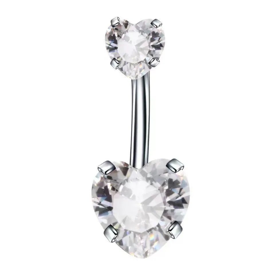 European and American fashion 1.6mm thick stainless steel rod double diamond heart - shaped head inlaid with zircon navel piercing jewelry - QIAO CrystalQIAO CrystalQIAO Crystal