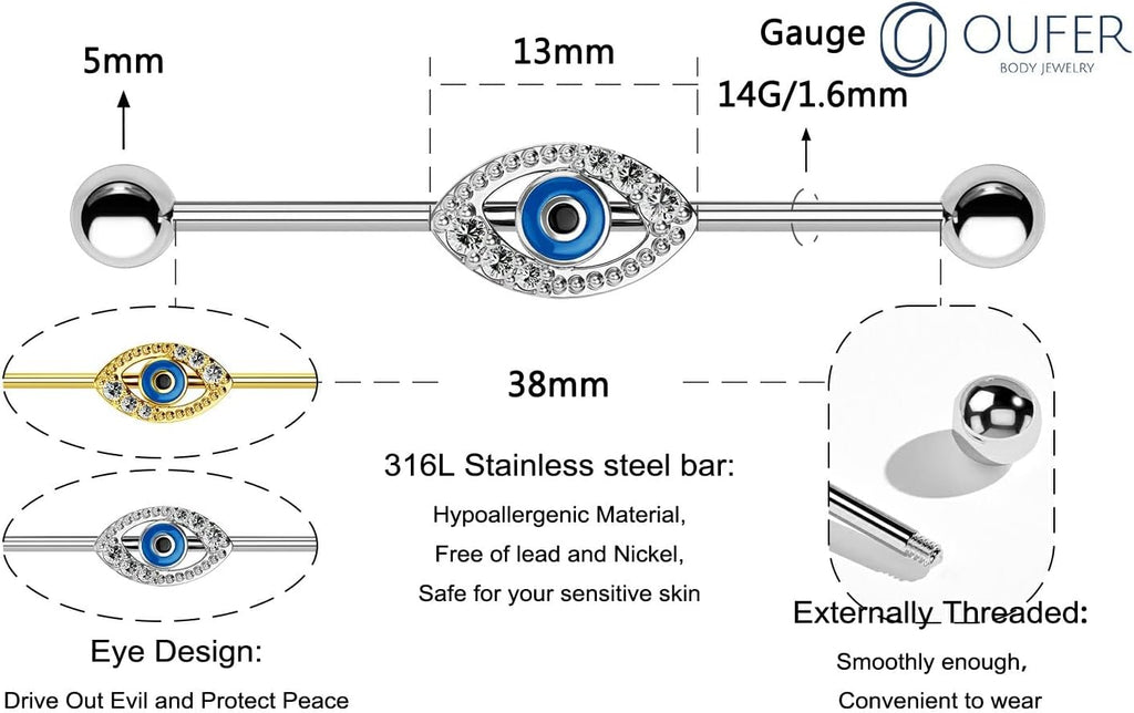 Eyes Industrial Barbells Clear CZ Paved 14G Industrial Piercing Jewelry Cartilage Earrings - QIAO CrystalQIAO CrystalQIAO Crystal