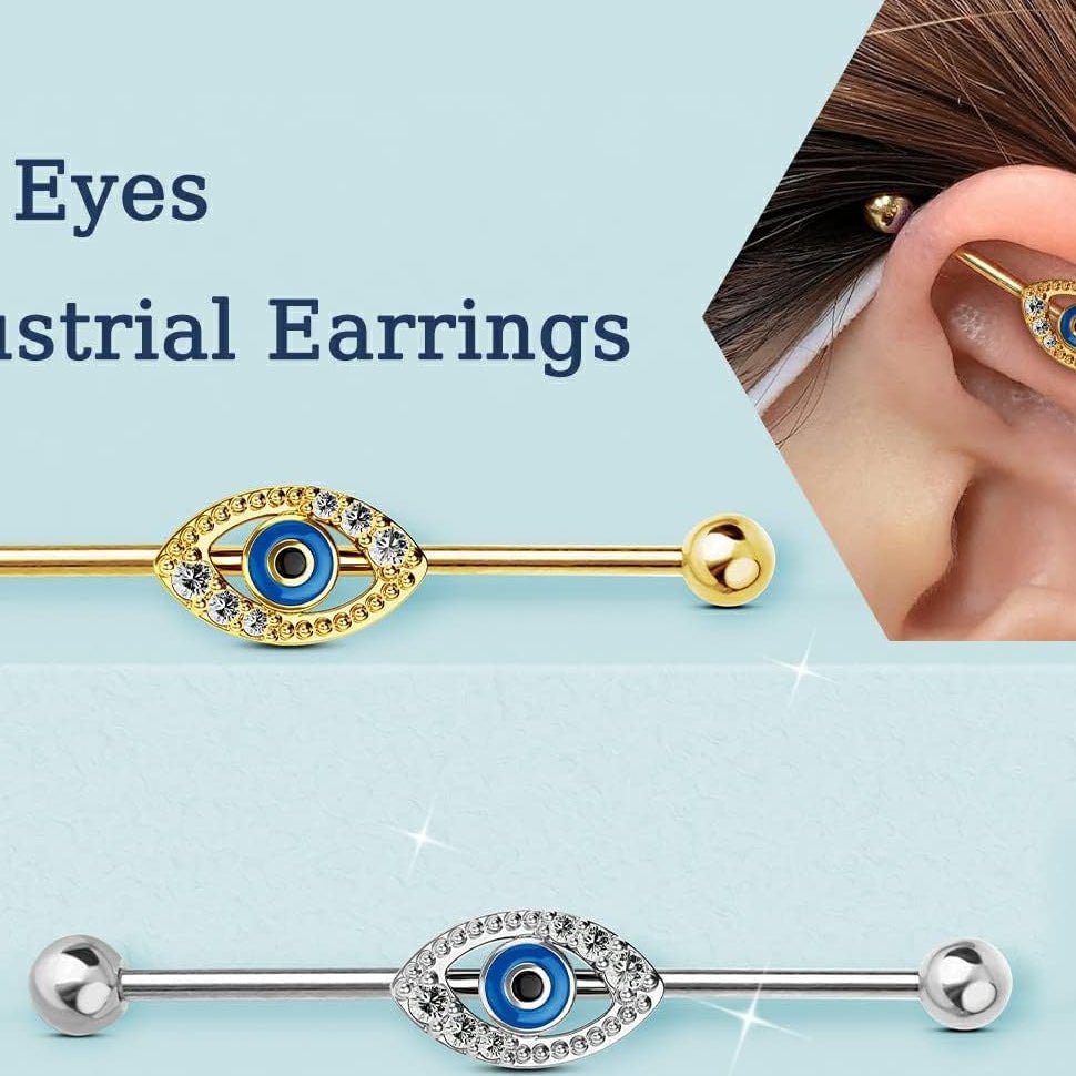 Eyes Industrial Barbells Clear CZ Paved 14G Industrial Piercing Jewelry Cartilage Earrings - QIAO CrystalQIAO CrystalQIAO Crystal