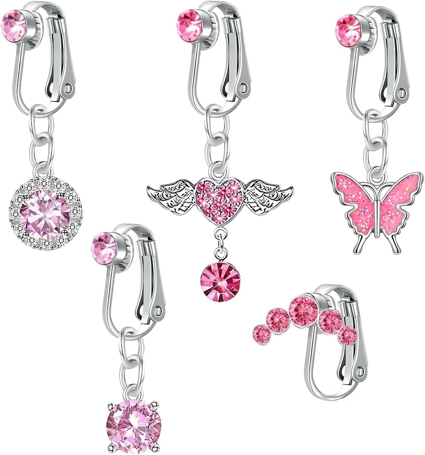 Fake Belly Button Ring Clip-On 5Pcs Butterfly Navel Clip Ear Clips or Fake Belly Button Piercing