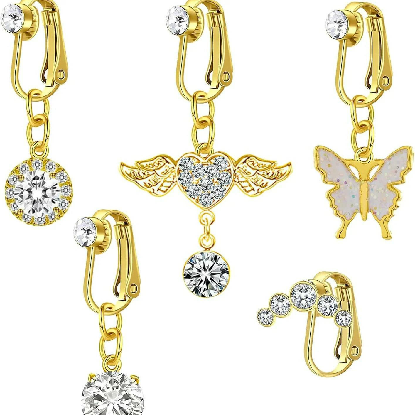 Fake Belly Button Ring Clip-On 5Pcs Butterfly Navel Clip Ear Clips or Fake Belly Button Piercing