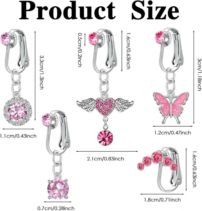 Fake Belly Button Ring Clip-On 5Pcs Butterfly Navel Clip Ear Clips or Fake Belly Button Piercing