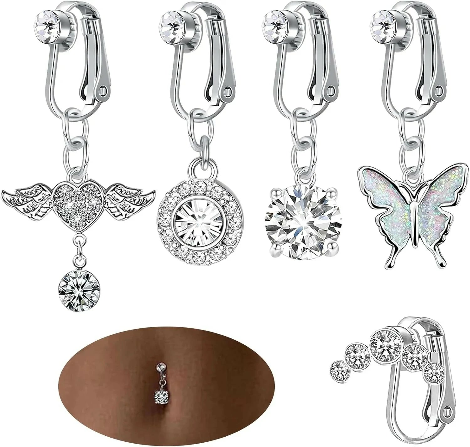 Fake Belly Button Ring Clip-On 5Pcs Butterfly Navel Clip Ear Clips or Fake Belly Button Piercing