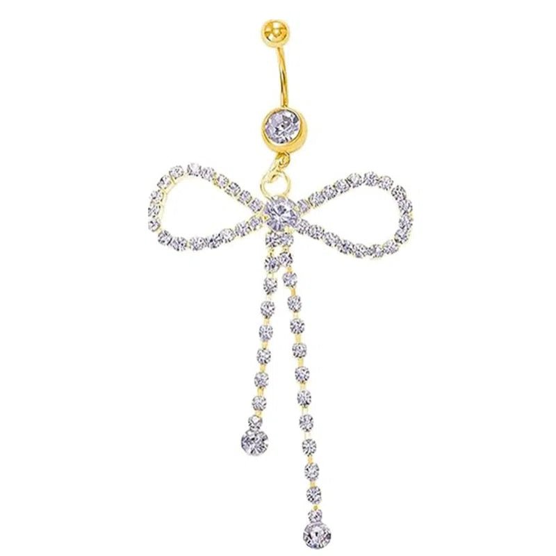 Fashion Statement Long Tassel Bowknot Crystal Drop Belly Button Rings Silver Sparkly CZ Barbell Stud Sexy - QIAO CrystalQIAO CrystalQIAO Crystal