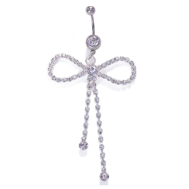 Fashion Statement Long Tassel Bowknot Crystal Drop Belly Button Rings Silver Sparkly CZ Barbell Stud Sexy - QIAO CrystalQIAO CrystalQIAO Crystal