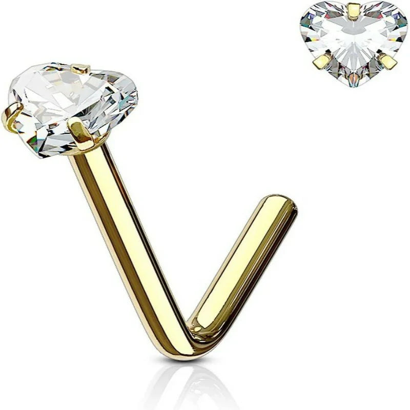 18g 6mm Surgical Steel with 3mm Heart CZ Crystal Body Jewelry Heart Nose Stud