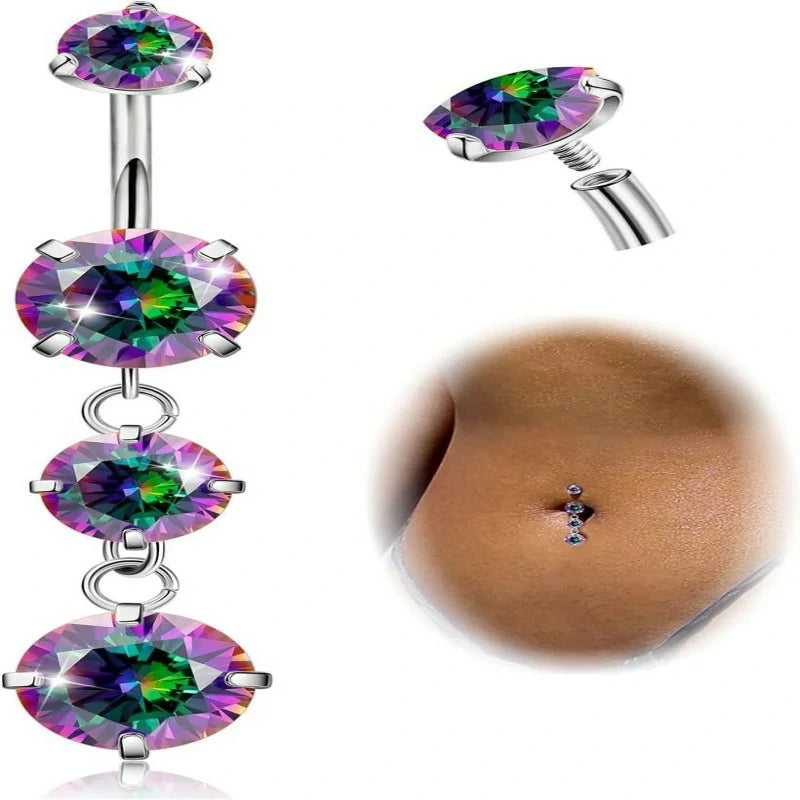 G23 Titanium Dangle Belly Button Ring Dangling Navel Rings CZ Belly Rings Curved Barbell Internally Threaded Belly Piercing Jewelry