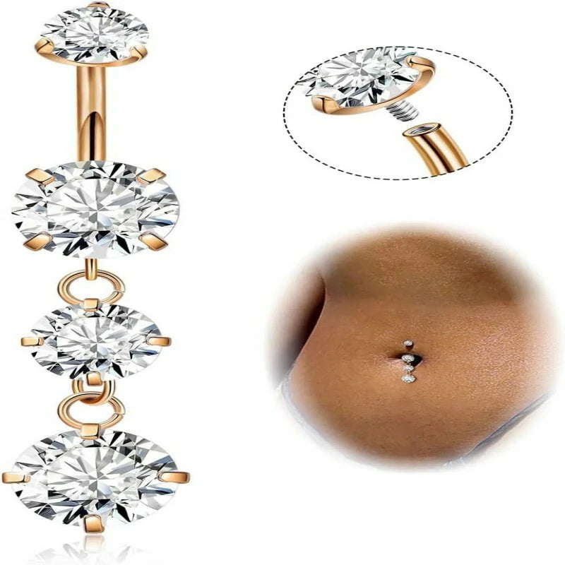 G23 Titanium Dangle Belly Button Ring Dangling Navel Rings CZ Belly Rings Curved Barbell Internally Threaded Belly Piercing Jewelry