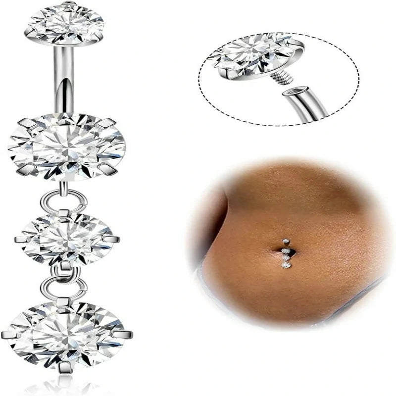 G23 Titanium Dangle Belly Button Ring Dangling Navel Rings CZ Belly Rings Curved Barbell Internally Threaded Belly Piercing Jewelry