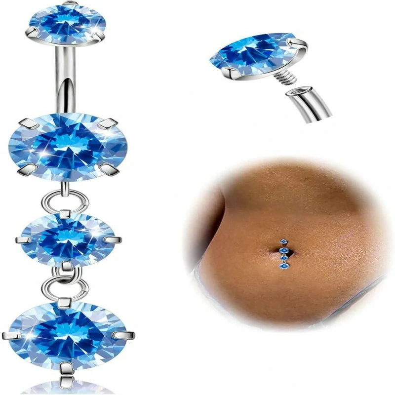 G23 Titanium Dangle Belly Button Ring Dangling Navel Rings CZ Belly Rings Curved Barbell Internally Threaded Belly Piercing Jewelry