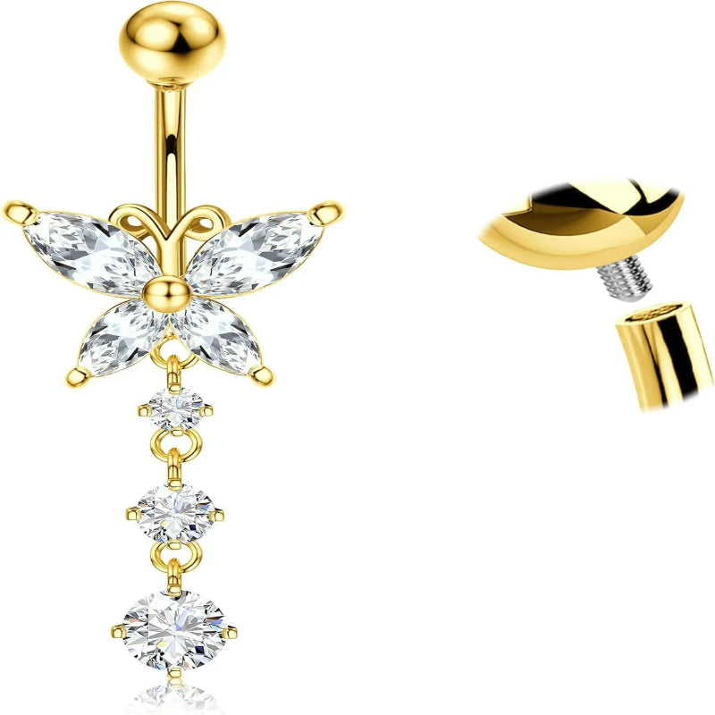 14G Internally Threaded Belly Ring Dangling Piercing Jewelry with Heart Butterfly CZ