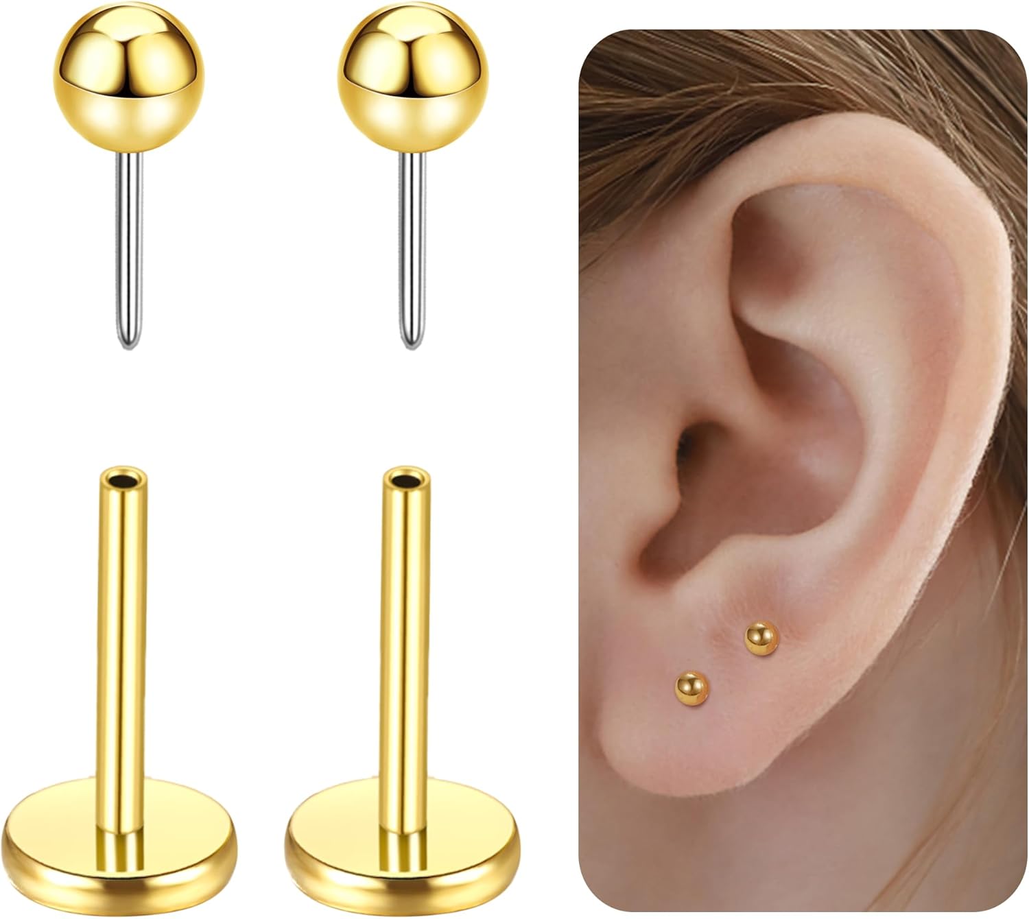 G23 Titanium Hypoallergenic Threadless Flat Back Earrings 20G Push in Cartilage Studs - QIAO CrystalQIAO CrystalQIAO Crystal