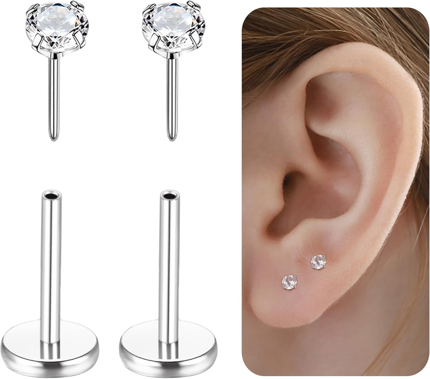 G23 Titanium Hypoallergenic Threadless Flat Back Earrings 20G Push in Cartilage Studs - QIAO CrystalQIAO CrystalQIAO Crystal