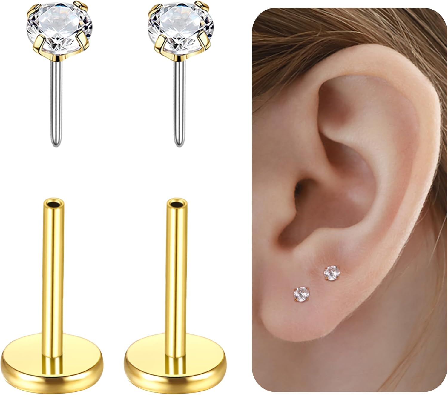 G23 Titanium Hypoallergenic Threadless Flat Back Earrings 20G Push in Cartilage Studs - QIAO CrystalQIAO CrystalQIAO Crystal