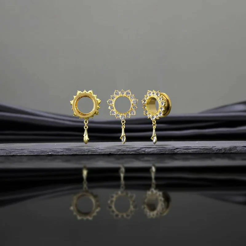 Gemmed Flower Drop Eyelets Gold Plated Stainless Steel Flare Screw Back Ear