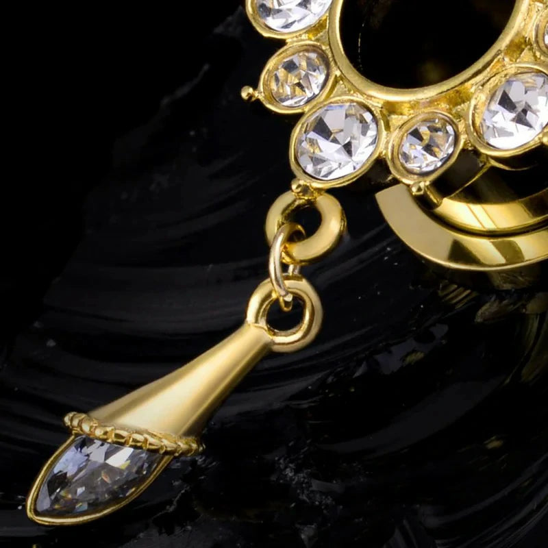 Gemmed Flower Drop Eyelets Gold Plated Stainless Steel Flare Screw Back Ear