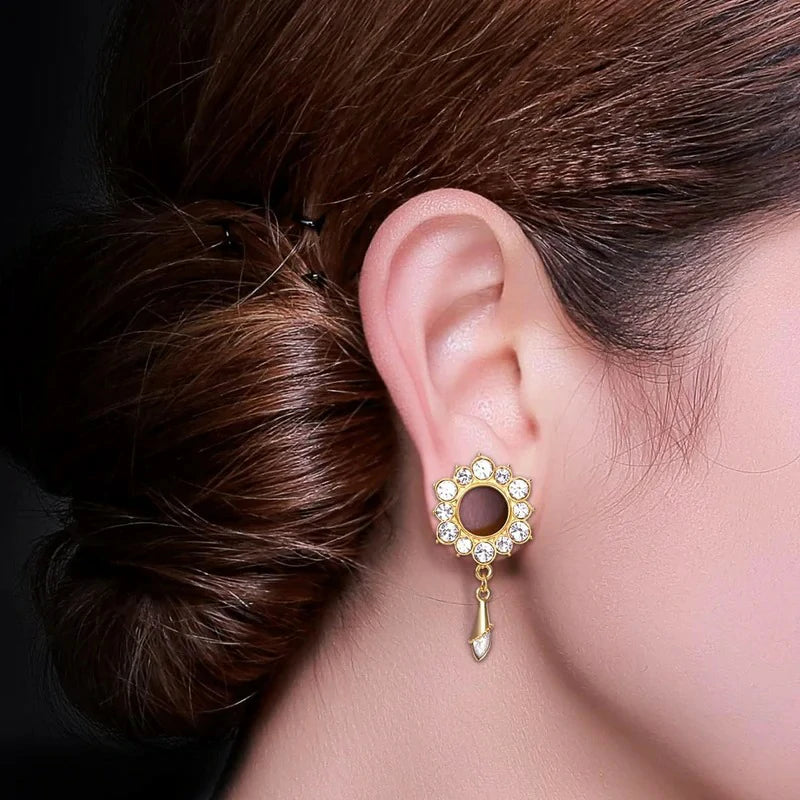 Gemmed Flower Drop Eyelets Gold Plated Stainless Steel Flare Screw Back Ear