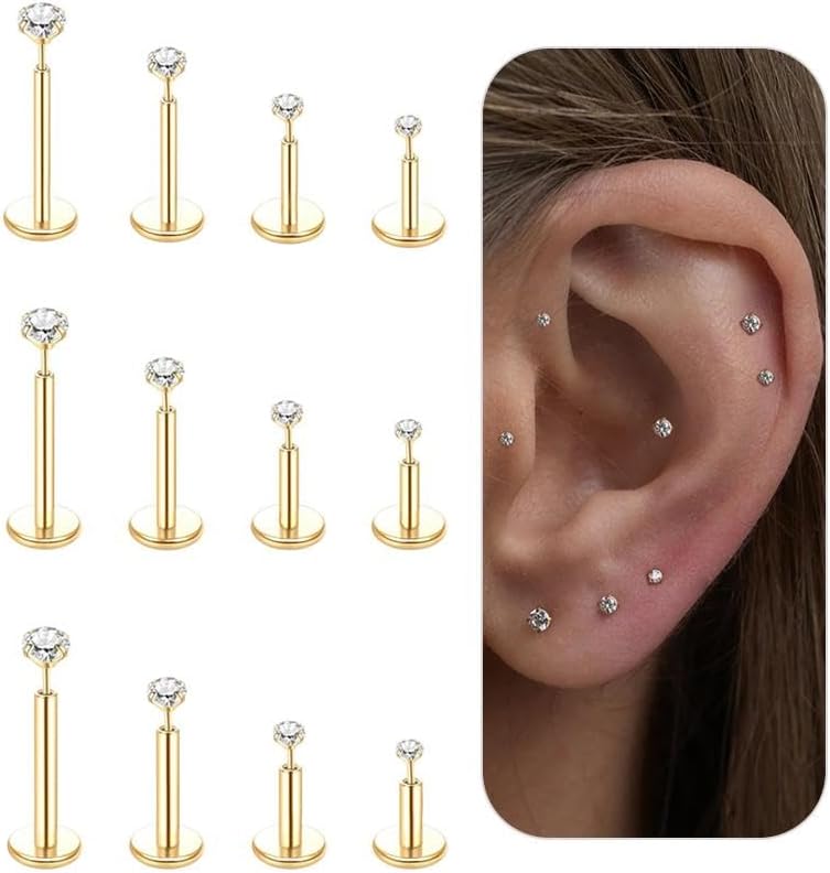 Gold Flat Back Earrings Threadless Cartilage Tragus Piercing Conch Stud Nose Helix Stud - QIAO CrystalQIAO CrystalQIAO Crystal