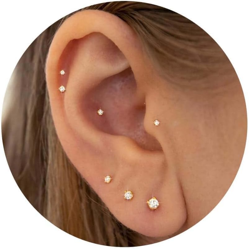 Gold Flat Back Earrings Threadless Cartilage Tragus Piercing Conch Stud Nose Helix Stud - QIAO CrystalQIAO CrystalQIAO Crystal