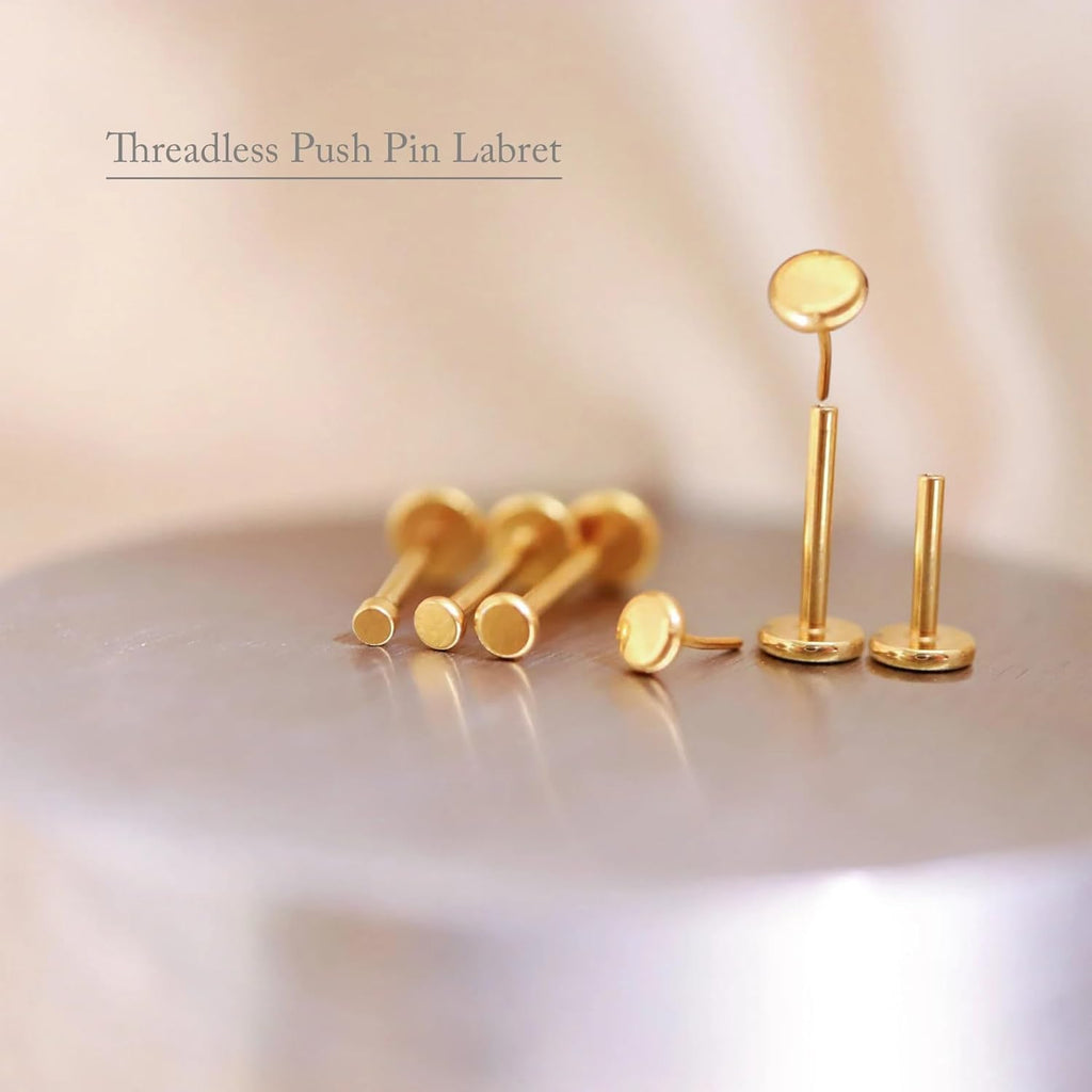 Gold Flat Back Earrings Threadless Cartilage Tragus Piercing Conch Stud Nose Helix Stud - QIAO CrystalQIAO CrystalQIAO Crystal