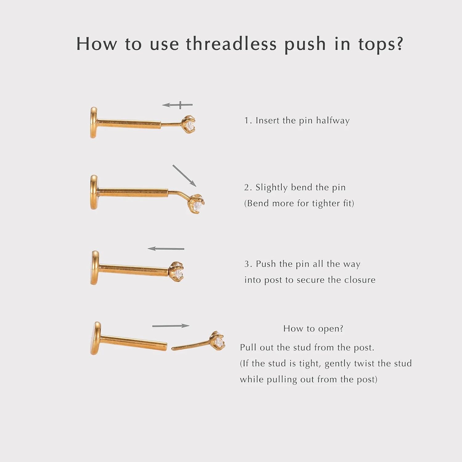 Gold Flat Back Earrings Threadless Cartilage Tragus Piercing Conch Stud Nose Helix Stud - QIAO CrystalQIAO CrystalQIAO Crystal