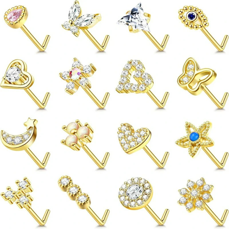 16 pcs Gold  20G Surgical Steel Nose Ring L Shaped Hypoallergenic CZ Heart Nose Studs