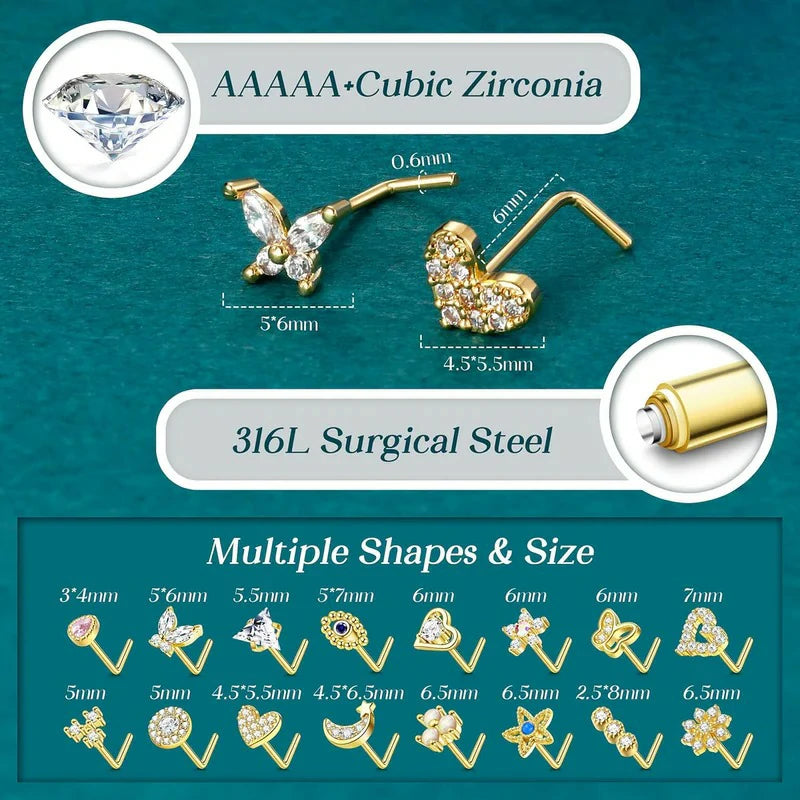 16 pcs Gold  20G Surgical Steel Nose Ring L Shaped Hypoallergenic CZ Heart Nose Studs