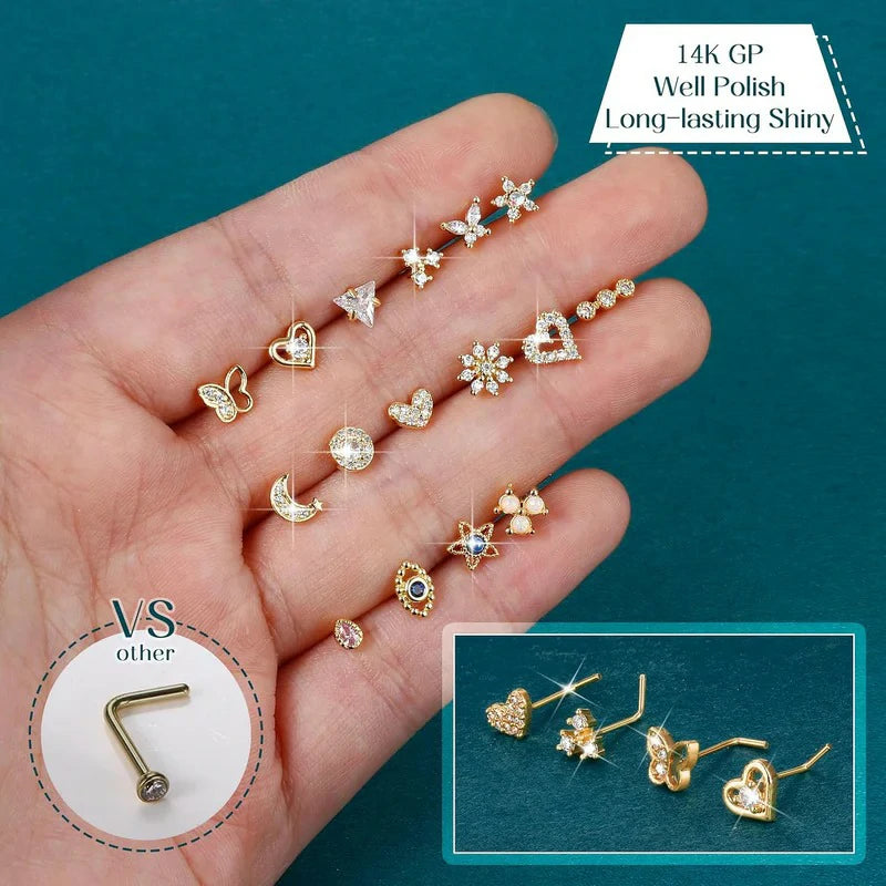 16 pcs Gold  20G Surgical Steel Nose Ring L Shaped Hypoallergenic CZ Heart Nose Studs