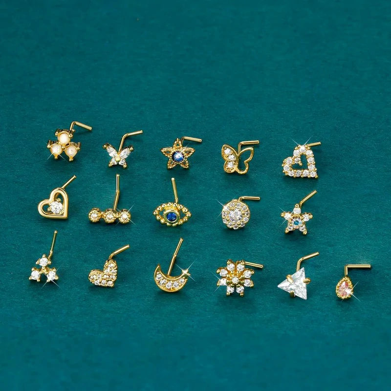 16 pcs Gold  20G Surgical Steel Nose Ring L Shaped Hypoallergenic CZ Heart Nose Studs