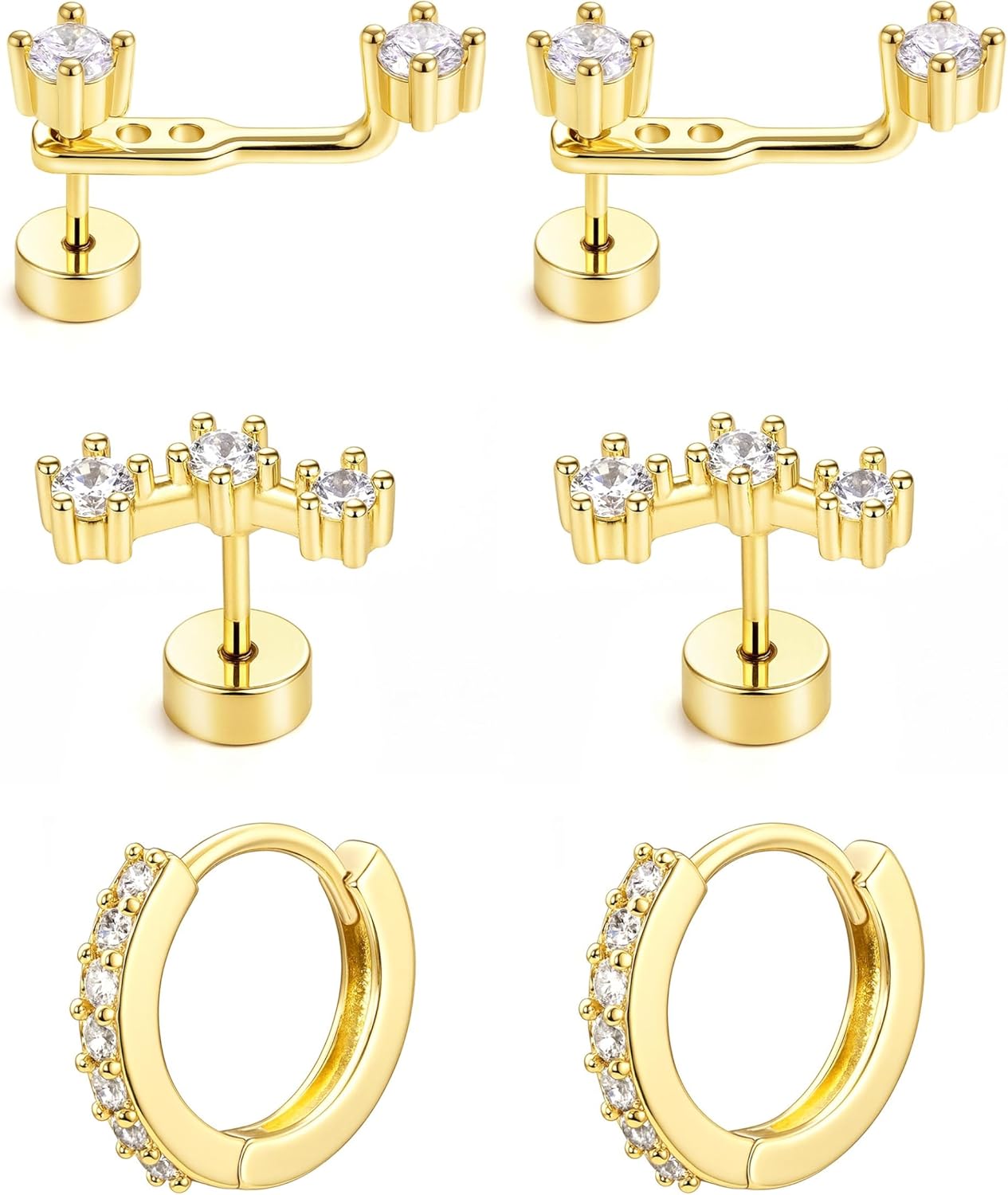 Gold Plated Stud Earrings Stack for Women Trendy, 3 Pairs Small Cute Hoop Jacket Cartilage Earring Set, Fashion Accessories Holiday Western Jewelry Christmas Gifts - 我的商店我的商店我的商店