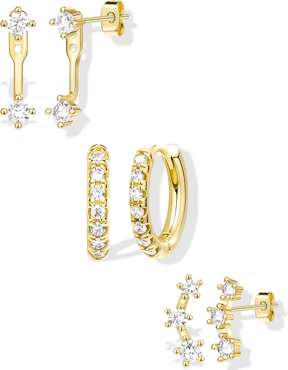 Gold Plated Stud Earrings Stack for Women Trendy, 3 Pairs Small Cute Hoop Jacket Cartilage Earring Set, Fashion Accessories Holiday Western Jewelry Christmas Gifts - 我的商店我的商店我的商店