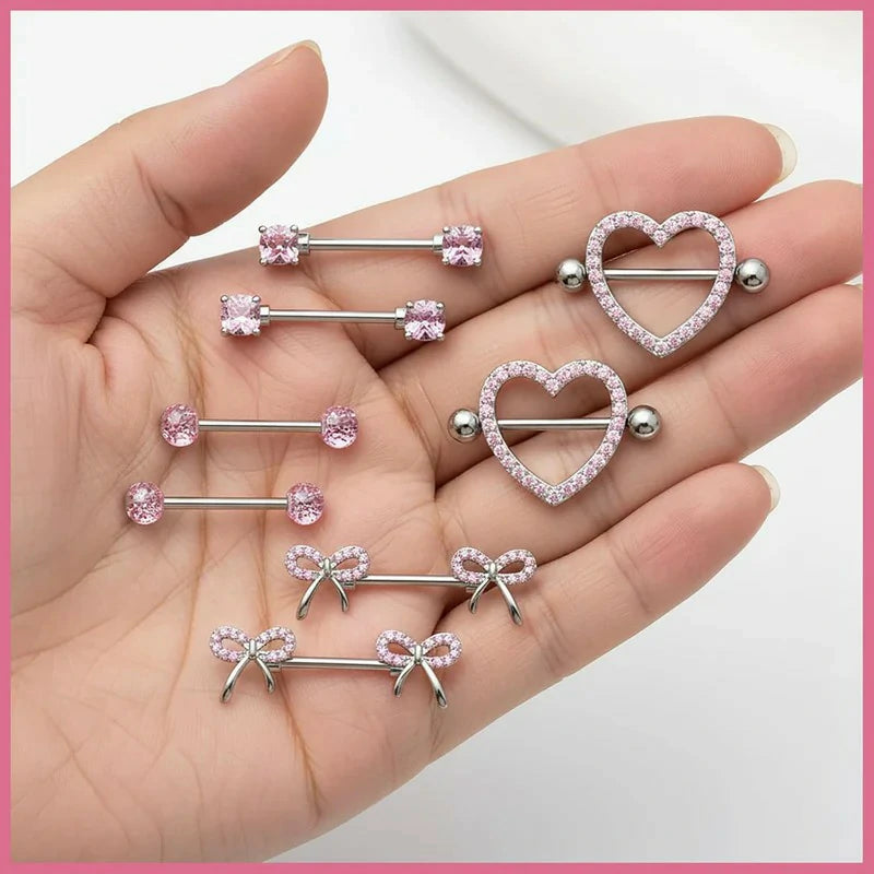 Heart/Bow/Sparkling Diamond Pink Crystal Surgical Steel Nipple Rings Piercing Jewelry