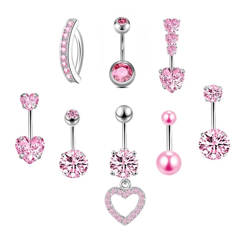 Hot - selling 316L stainless steel pink zircon peach heart belly button ring 6mm armor - piercing needle body jewelry wholesale - QIAO CrystalQIAO CrystalQIAO Crystal