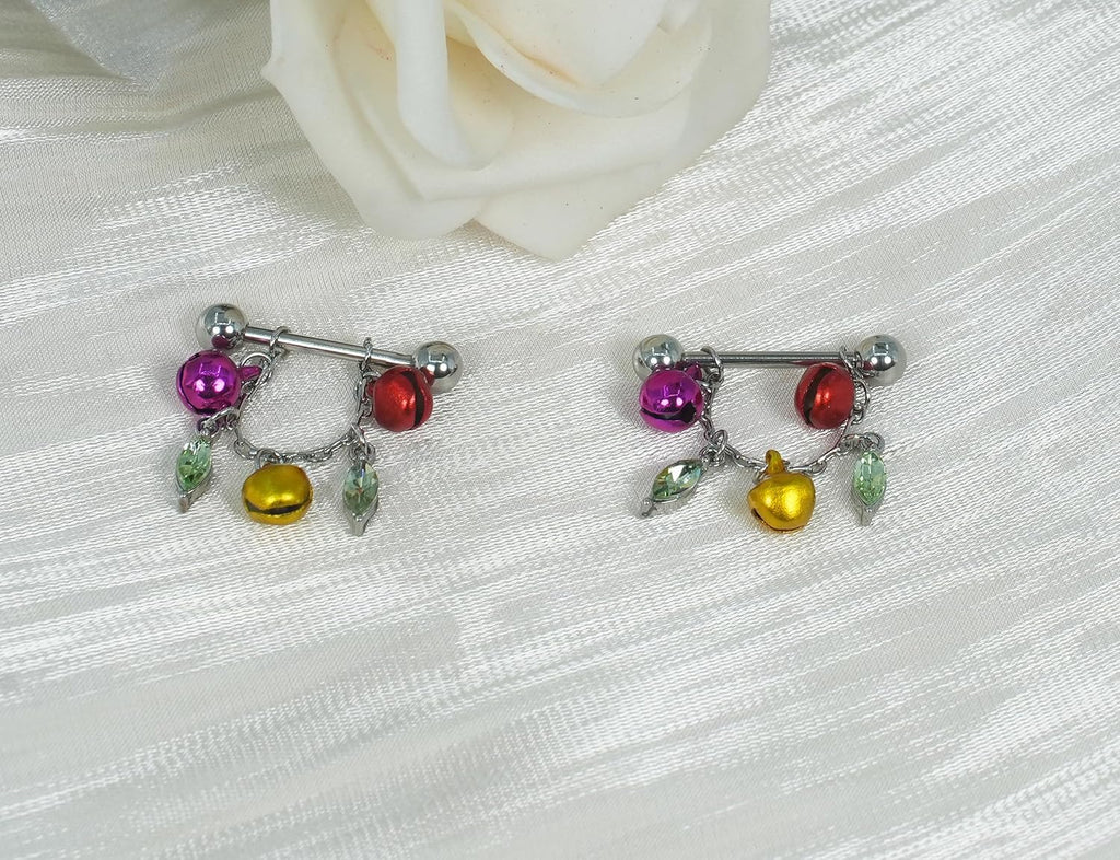 HQLA 14G Christmas tassels Barbell Nipple Piercing Jewelry for Women Red Green Gold Ball Crystal Cubic Zircon Jingle Bell Dangle Nipple Tongue Rings Xmas Gift - QIAO CrystalQIAO CrystalQIAO Crystal