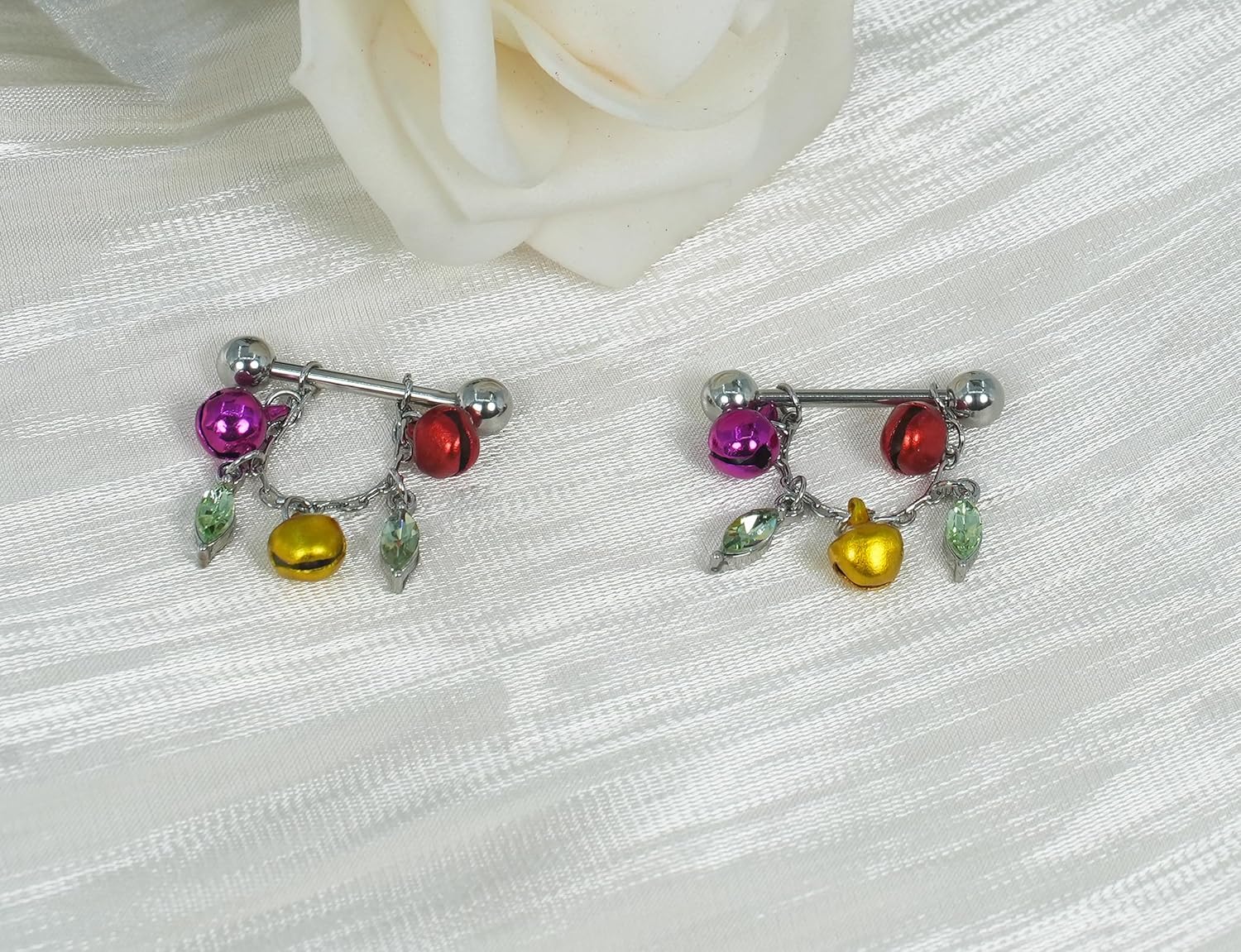 HQLA 14G Christmas tassels Barbell Nipple Piercing Jewelry for Women Red Green Gold Ball Crystal Cubic Zircon Jingle Bell Dangle Nipple Tongue Rings Xmas Gift - QIAO CrystalQIAO CrystalQIAO Crystal