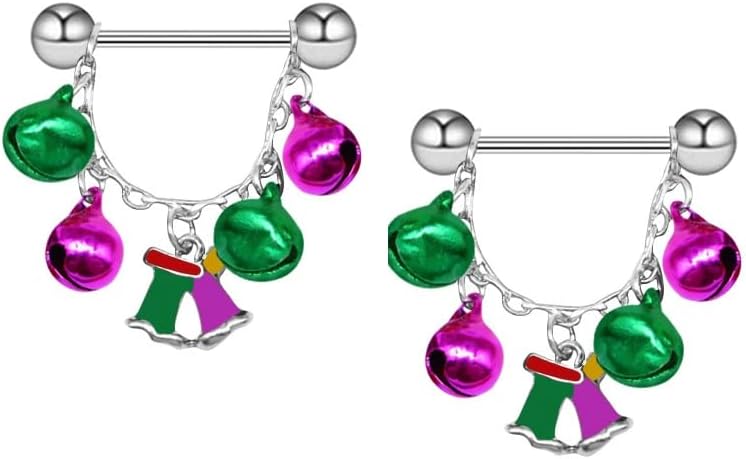 HQLA 14G Christmas tassels Barbell Nipple Piercing Jewelry for Women Red Green Gold Ball Crystal Cubic Zircon Jingle Bell Dangle Nipple Tongue Rings Xmas Gift - QIAO CrystalQIAO CrystalQIAO Crystal