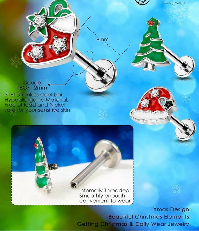 16G Surgical Steel Lip & Cartilage 3PCS Christmas Themed Lip Rings