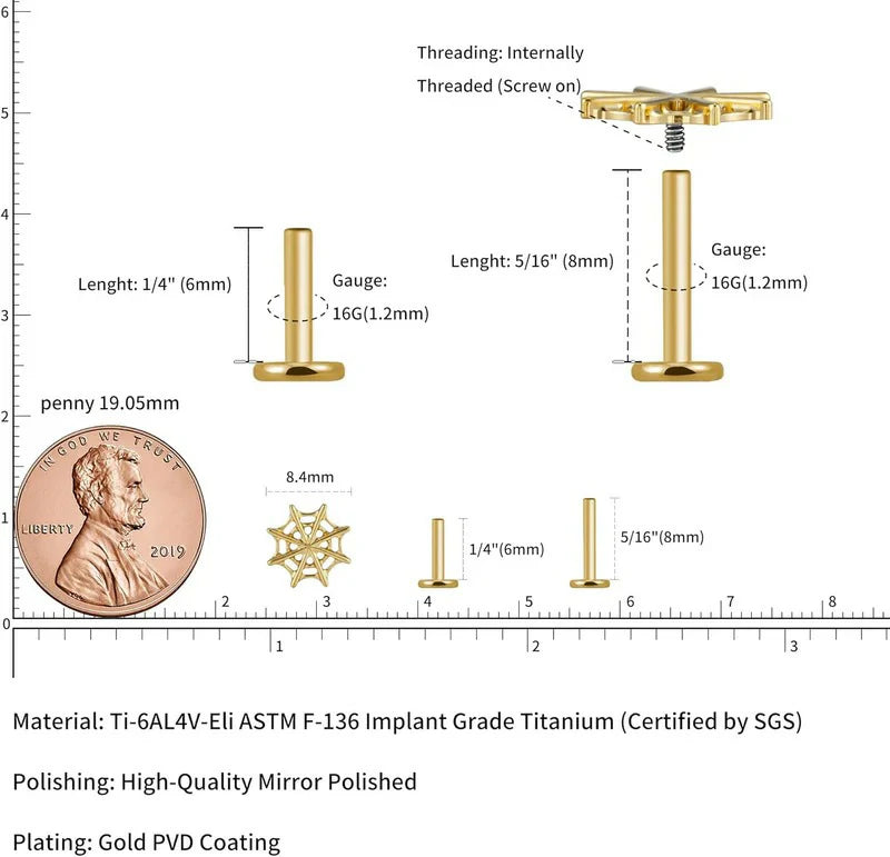 Halloween Screw ASTM F136 Titanium Gothic Studs Hypoallergenic Flatback Cartilage