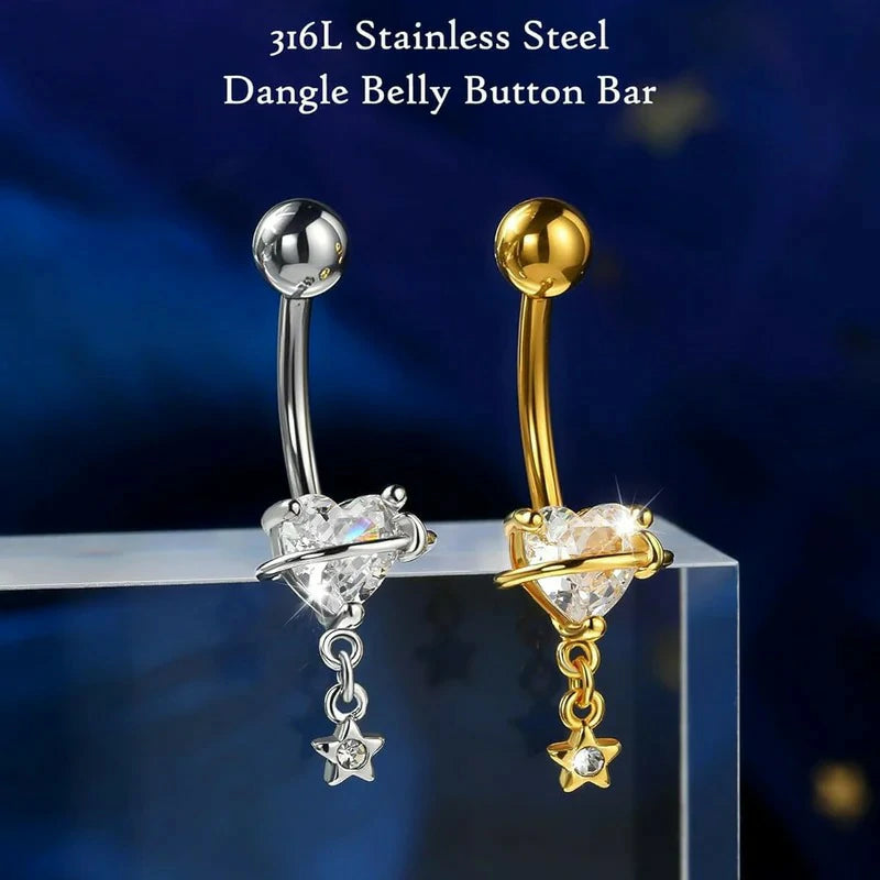 Dangle 316L Surgical Steel 14G Heart Nave Star Dangling Clear CZ Curved Barbells Silver/Gold 10MM