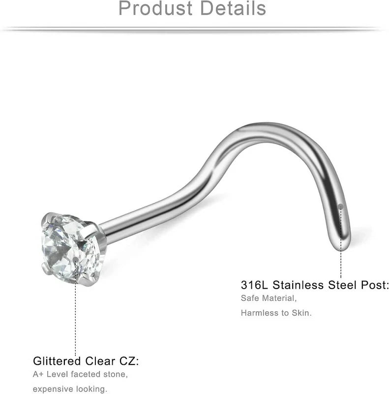 18G(1.0MM) 316L Surgical Steel Curved Nose Stud Ring Twister Screws with 2MM Ball