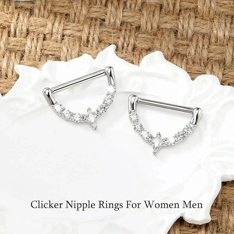 2PCS 14G  316l Surgical Steel Nipple Rings Clear CZ Hinged Segment Clicker Rings Hoops