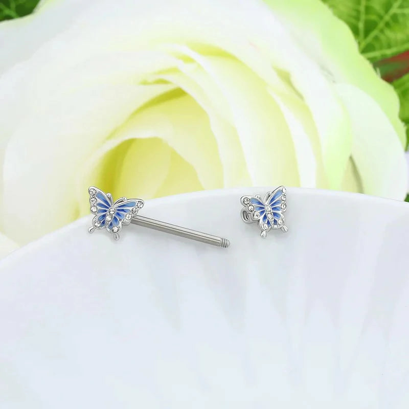14G Blue Butterfly 316l Surgical Steel Nipple Barbells Nipple Rings