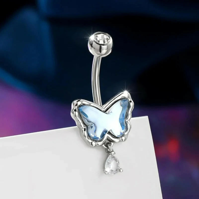 14G Butterfly Belly Rings Pave Blue Crystal Stone Belly Piercing Jewelry