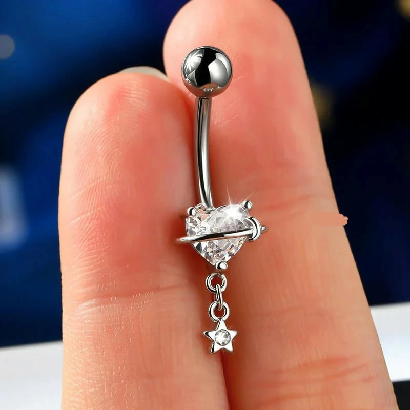 Dangle 316L Surgical Steel 14G Heart Nave Star Dangling Clear CZ Curved Barbells Silver/Gold 10MM