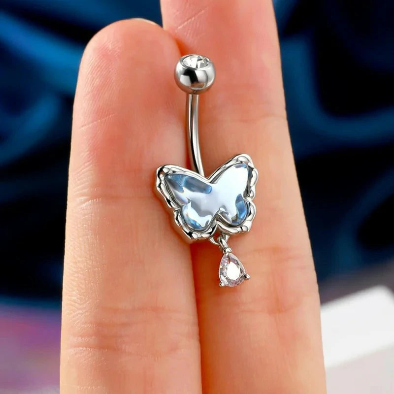 14G Butterfly Belly Rings Pave Blue Crystal Stone Belly Piercing Jewelry