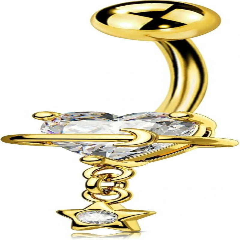 Dangle 316L Surgical Steel 14G Heart Nave Star Dangling Clear CZ Curved Barbells Silver/Gold 10MM
