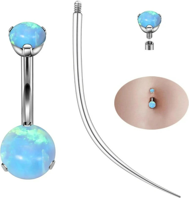 14G Opal Round Belly Navel Rings 10mm Bar Curved Piercing Taper Belly Button Rings