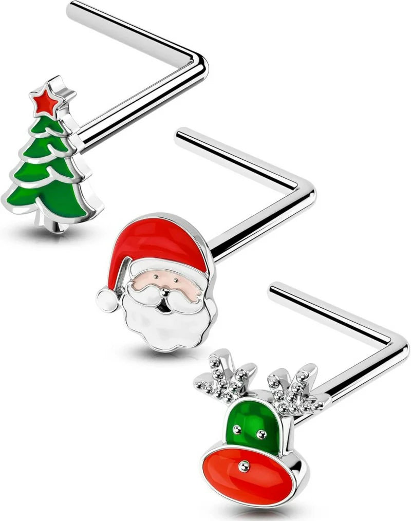 3PCS 20G Halloween Nose Studs– L-Shaped 7MM Surgical Steel Piercing Jewelry with Spider, Bat