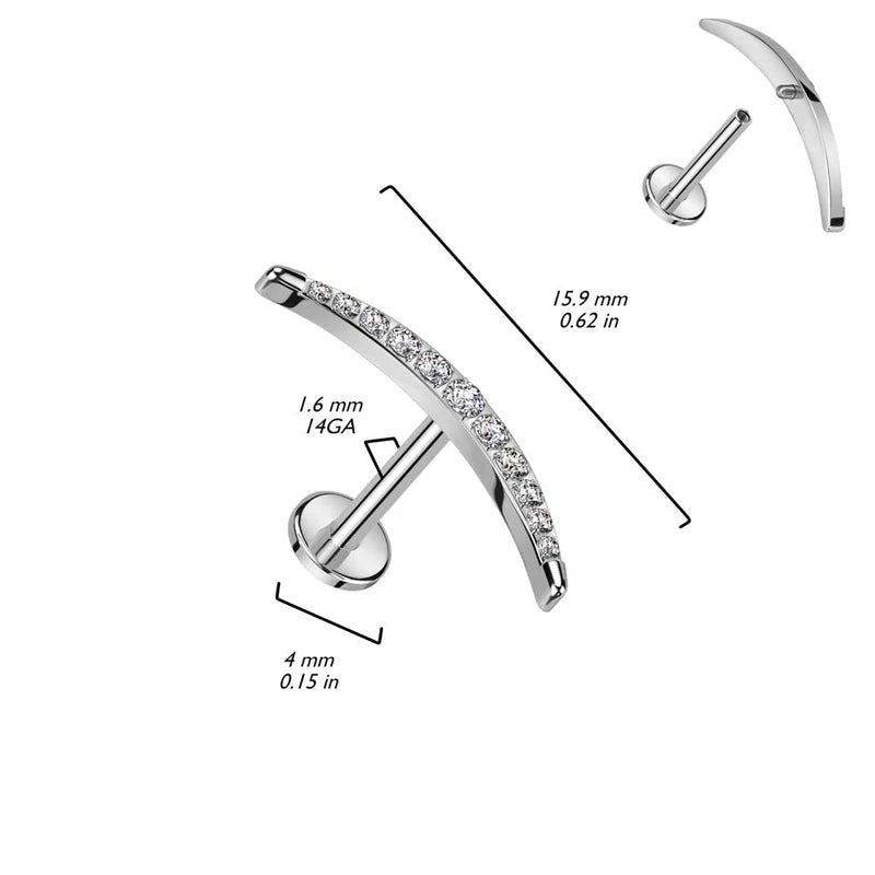 Implant Grade Titanium Threaded CZ Crystal Paved Long Crescent Moon Flat Back Stud
